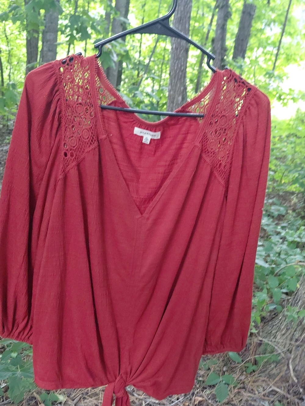 Max Studio Brick Red Tie-Front Blouse with Crochet Yoke